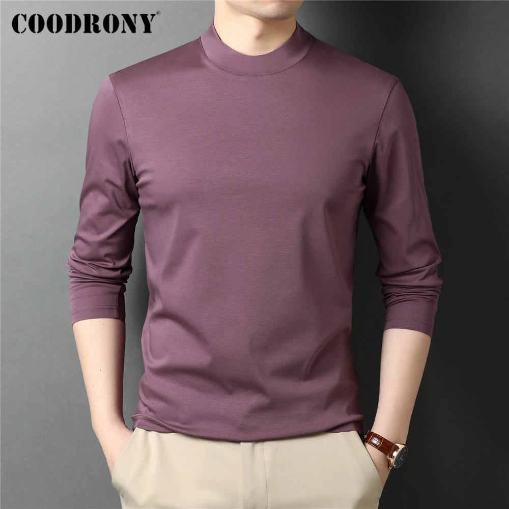 COODRONY Camiseta de larga para hombre, camisa de algodón mercerizado de Color informal, clásica, de cuello alto, para primavera y otoño, C5068|Camisetas| - AliExpress