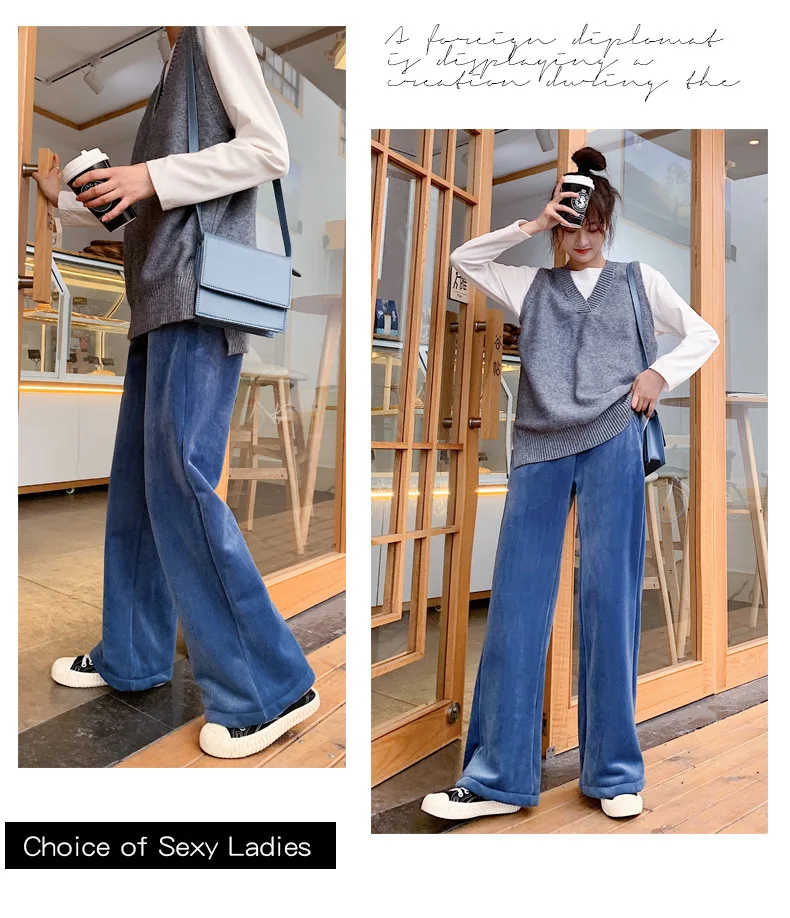Вельветовые широкие брюки женские осенние и зимние студенческие Корейская версия дикого вельвета большого размера Толстый эластичный пояс