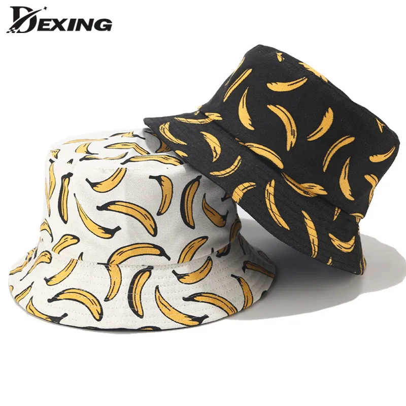 Print Banana Reversible Fisherman Hat Black White Summer Bucket Hat for Men Women Street Hip-hop Sun Bob Panama k pop cap hat