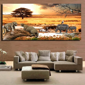 

African Grassland Sunset Landscape Posters And Prints-Cheetah And Rhinoceros Paintings For Living Room Wall-Animals Pictures
