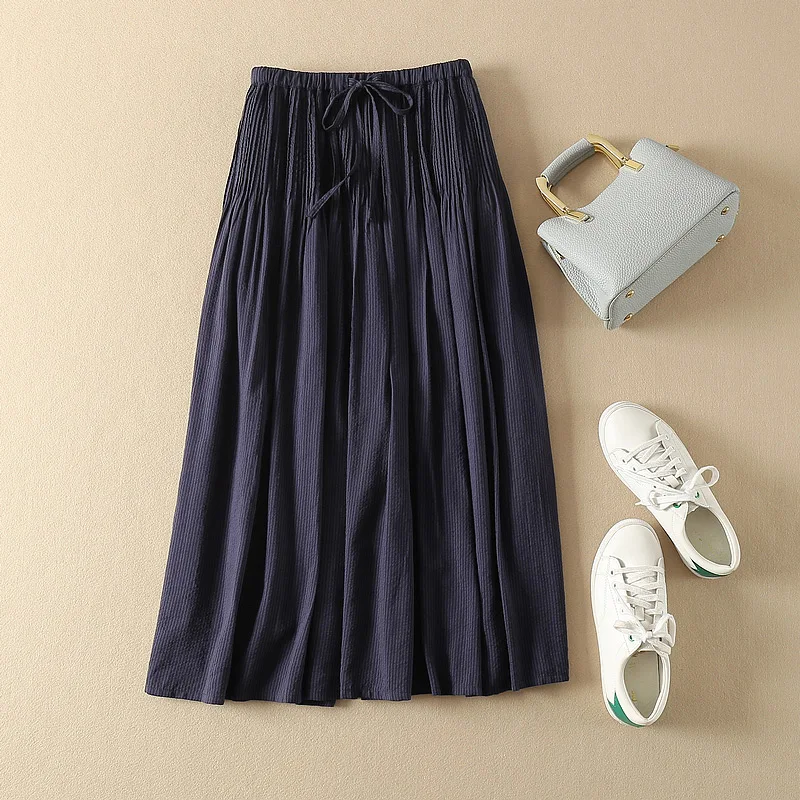 

Women Top Quality Rayon Cotton Dark Blue High Waist Midi Skirt