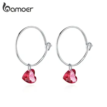 

bamoer GAE317 925 Sterling Silver Hoop Earrings Romantic Red Heart Earrings Fine Jewelry Wedding Women Hypoallergenic Earrings