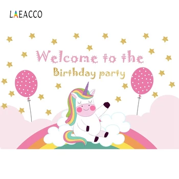 

Laeacco Welcome to Birthday Party Photophone Stars Balloons Unicorn Rainbow Clouds Photography Backdrops Baby Photo Backgrounds