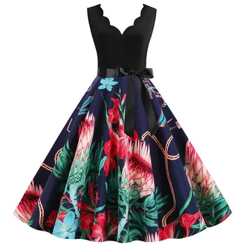 

Women Floral Print Black Summer Dress Casual Sleeveless Petal V Neck Elegant Vintage Party Dress Robe Plus Size vestidos S~3XL