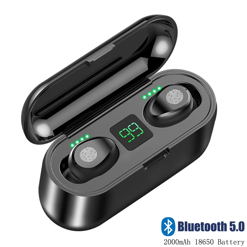 Беспроводные наушники F9 TWS стерео auriculares bluetooth HIFI бас IPX7 водонепроницаемый 2000 мАч