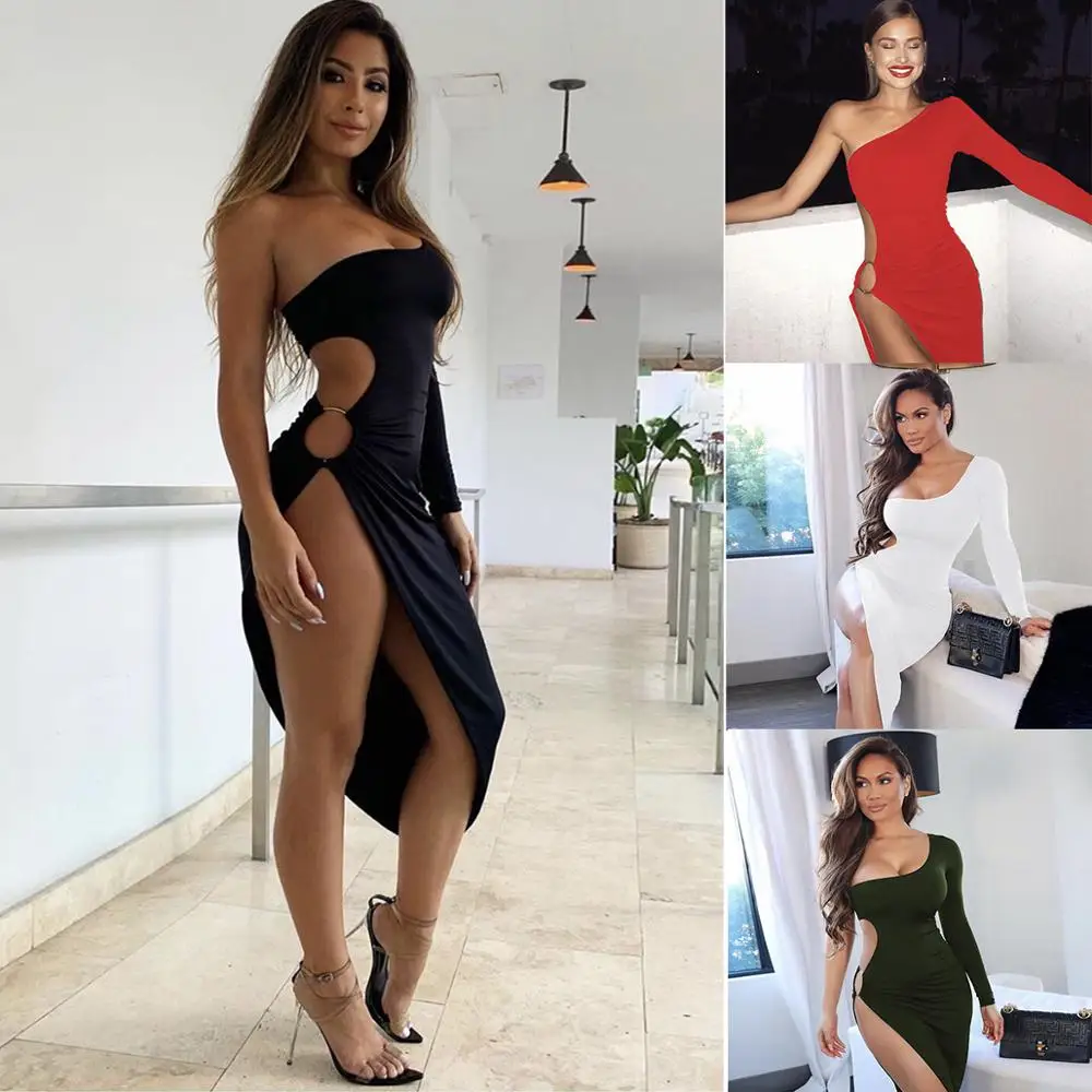 One Shoulder Sexy Cut Out Side Asymmetrical Hem Bodycon Dresses Women Ruched Clubwear Midi Party Club Dress Night Vestidos | Женская