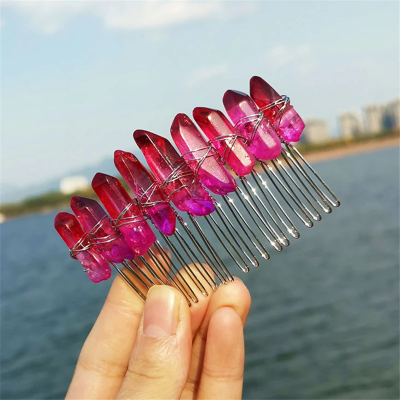 Handmade Crystal Witch Crown Hair Accessories MulticoloredNatural Crystal Headwear Moon Bridal Headband  Hair comb Jewelry Gifts