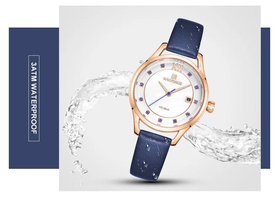 NAVIFORCE модные часы Iced Out водонепроницаемые Роскошные Кварцевые женские часы синий кожаный браслет бриллиантовые римские цифры Женские часы