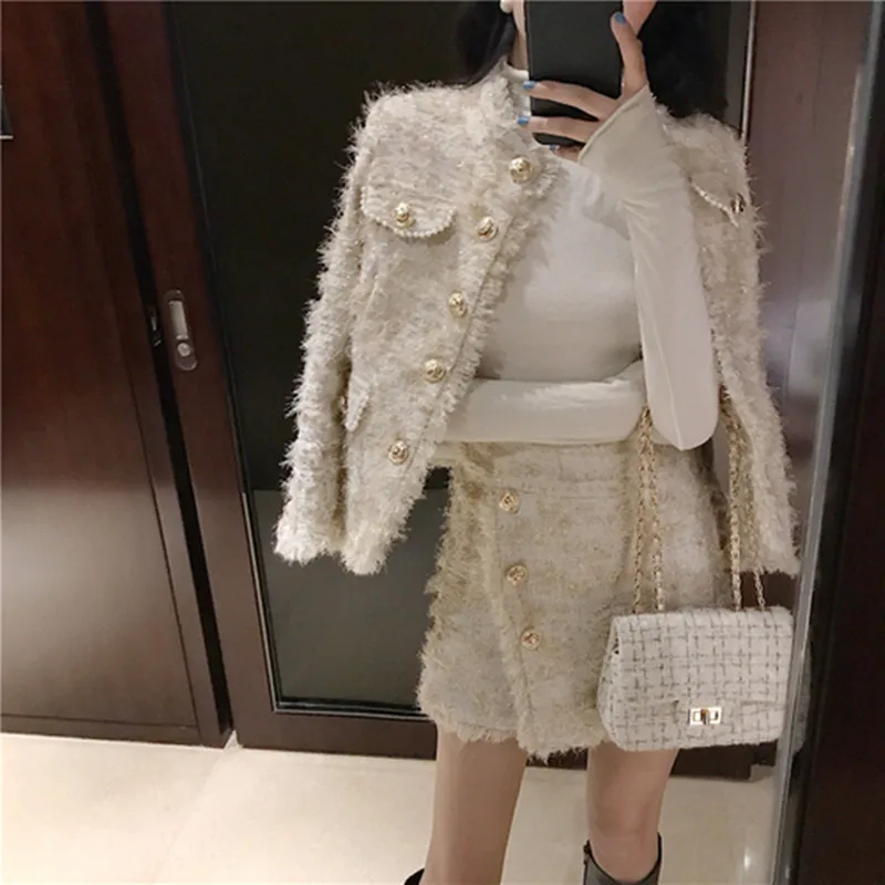 

2019 Fashion Designer Fashion Week Autumn Ma'am New Pattern Small Fragrant Wind Woollen Coat+Short Skirt 2 Piece Suit