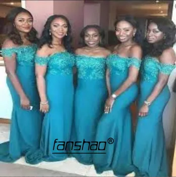 

Blue Cheap Bridesmaid Dresses Under 50 Mermaid Off the Shoulder Floor Length Lace Long Wedding Party Dresses