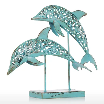 

Metal Iron Sculpture Two Blue Dolphins Iron Handmade Statue Design Statue Retro Ornament Marine Life Home Decoration