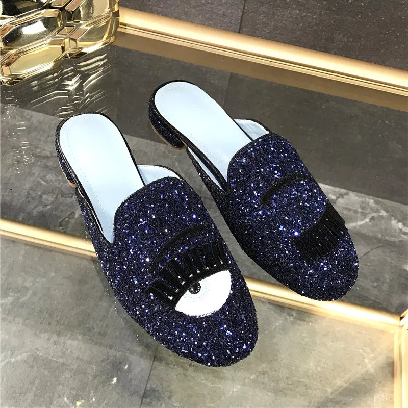 Для глаз и губ ресницы с блестками SlippersSequins шлепанцы на плоской подошве женская обувь тапки Пляжная Летняя обувь круглый носок Туфли без каблуков осень домашняя обувь