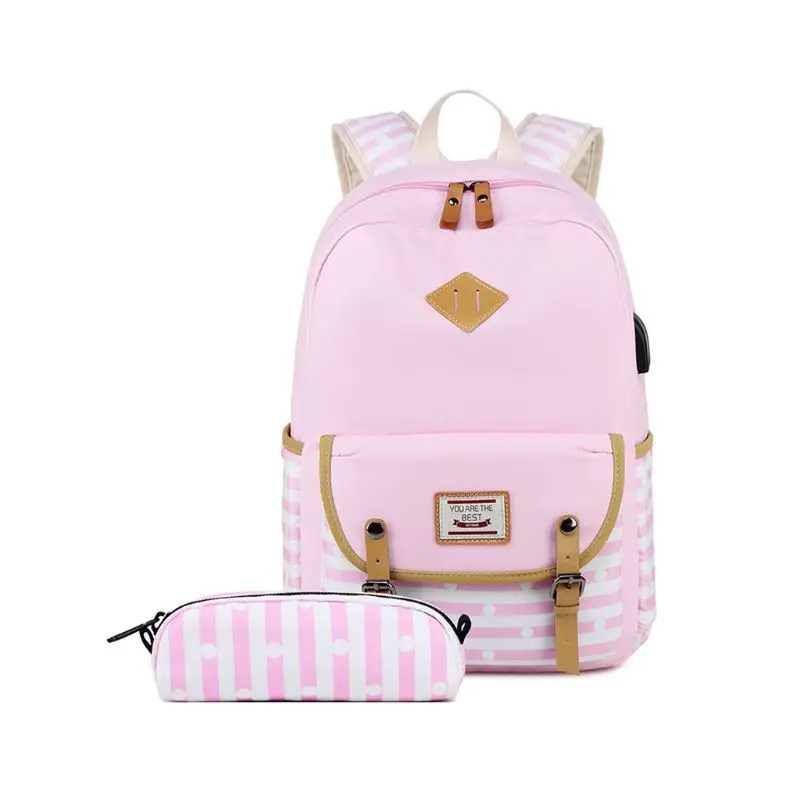 2pcs Canvas School Backpack with USB Charging Port Laptop Daypack Schoolbag Bookbag Pencil Case Set for Teenage Women Girls - Цвет: Розовый