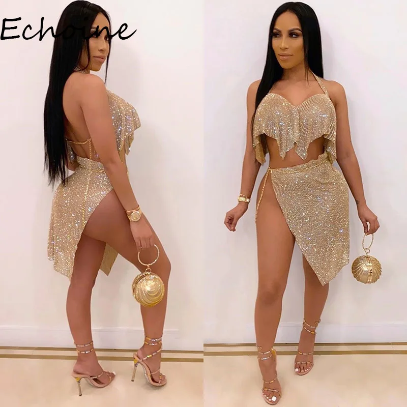 

Sexy Women 2 Pieces Set Bright Silk Chain Skirt Set Spaghetti Straps Crop Top + Skirt Irregular Party Night Cloth For Women