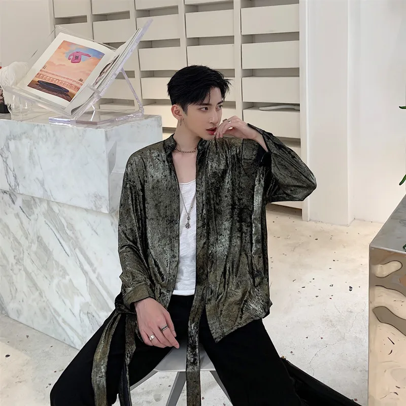 

Male Streetwear Hip Hop Shirts Men Autumn Long Sleeve Ribbons Shining Velvet Casual Shirt Stand Collar Cardigan Kimono Outerwear