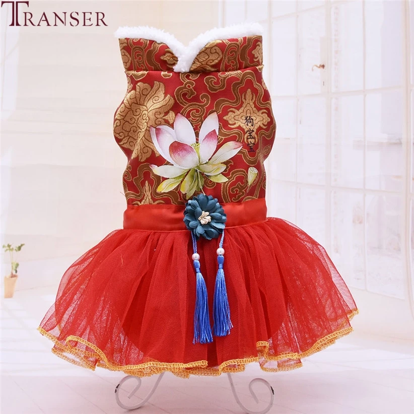 Transer, китайский костюм Тан, кружевное платье для собак, новогодний костюм с кисточками для собак, зимняя одежда для собак для маленьких и средних собак 9925