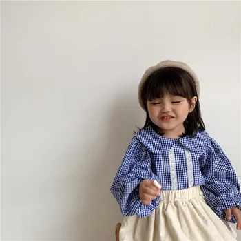 

2020 Autumn Korean Girl's Plaid Lace-Collared Blouse Girl's Shirt
