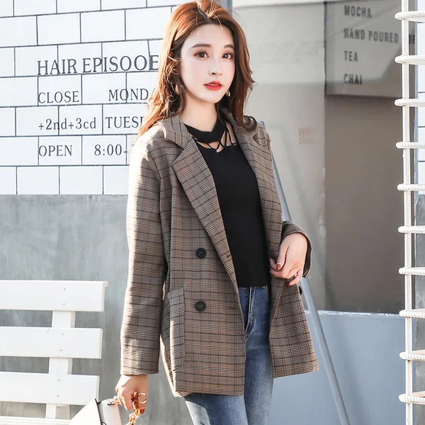 

2018 Autumn New Style INS Pattern Suit Korean-style Students Loose Retro Plaid CHIC Small Suit Coat Women's