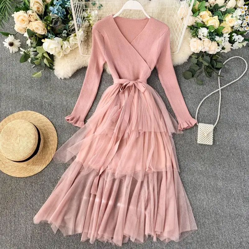 Зимнее Новое Женское платье с v-образным вырезом сшитое Каскадное Сетчатое