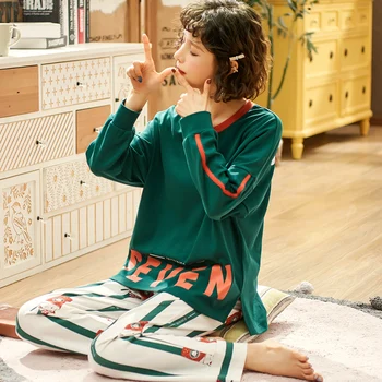 

Женские весенние хлопковые пижамы зеленые полосатые сладкие и удобные брюки с длинными рукавами