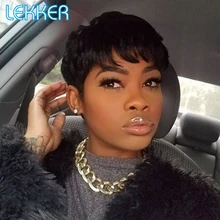 

Lekker Colored Short Straight Pixie Bob Human Hair Wig With Bangs For Women Natural Brazilian Remy Glueless Ombre Purple Red Wig