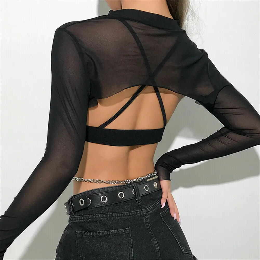 Super Short Lace Women Hip Transparent Mesh Sheer Backless T-shirt Long Sleeve Sexy Crop Tops Bodycon Club Clothes