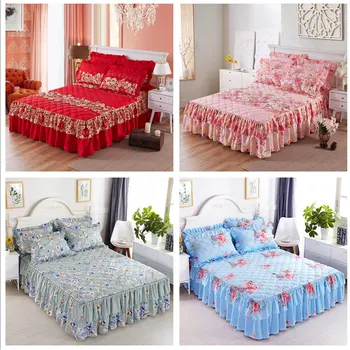 

3pcs/Set Graceful Quilted Thickened Fitted 1xBedspread 2xPillowcase Laced Fitted Sheet Two Layer Bed Cover 120/150x200 180x220cm