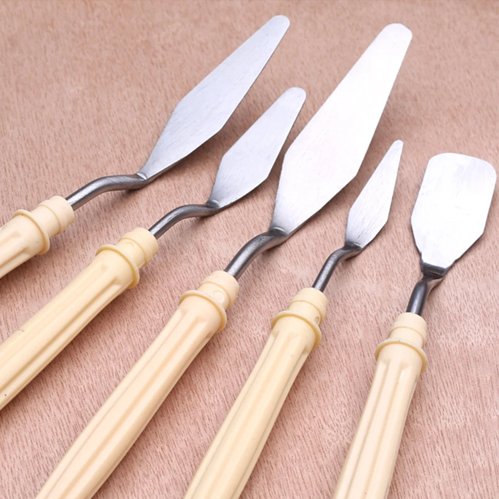 5Pcs Wood Handle Lightweight Safety Scraper Smooth Artist Painting Tool Super-thin Stainless Steel Professional Palette Knives
