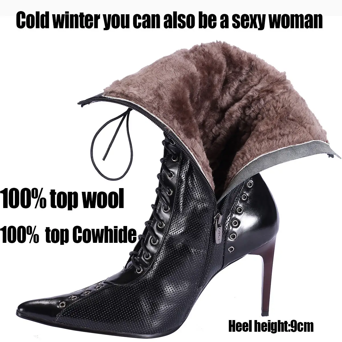

Genuine Leather Cowhide fashion Sexy high heel Winter female Boots black party shoe with Australian wool Shearing fur women boot