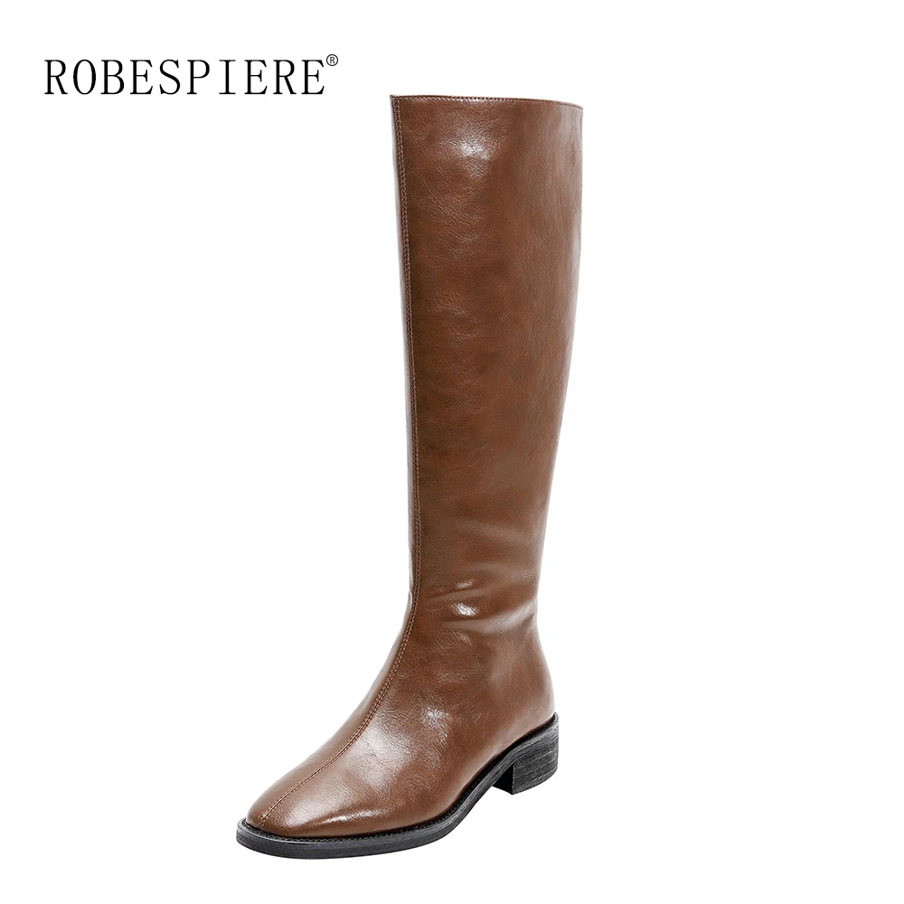 

ROBESPIERE Knee High Boots Western Cowboy Boots for Women Winter Boots Genuine Leather Cowgirl Thick Heels Motorcycle Boots B168