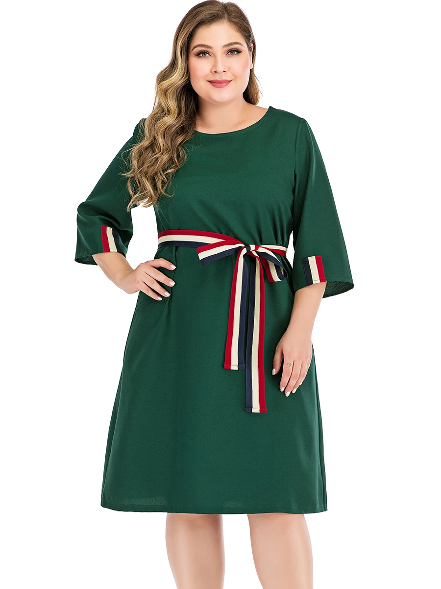 Siskakia Women's Plus Size Dresses Green Chiffon O Neck 3/4 Sleeve Knee Length Dress Fall Fashion Hit Color Patchwork Slim Sash