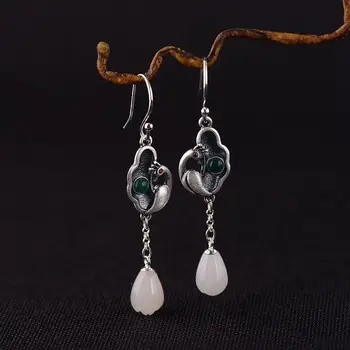 

FNJ Peacock Earrings 925 Silver Original Pure S925 Sterling Silver Long Drop Earring for Women Jewelry Tassel Jade Flower Jasper
