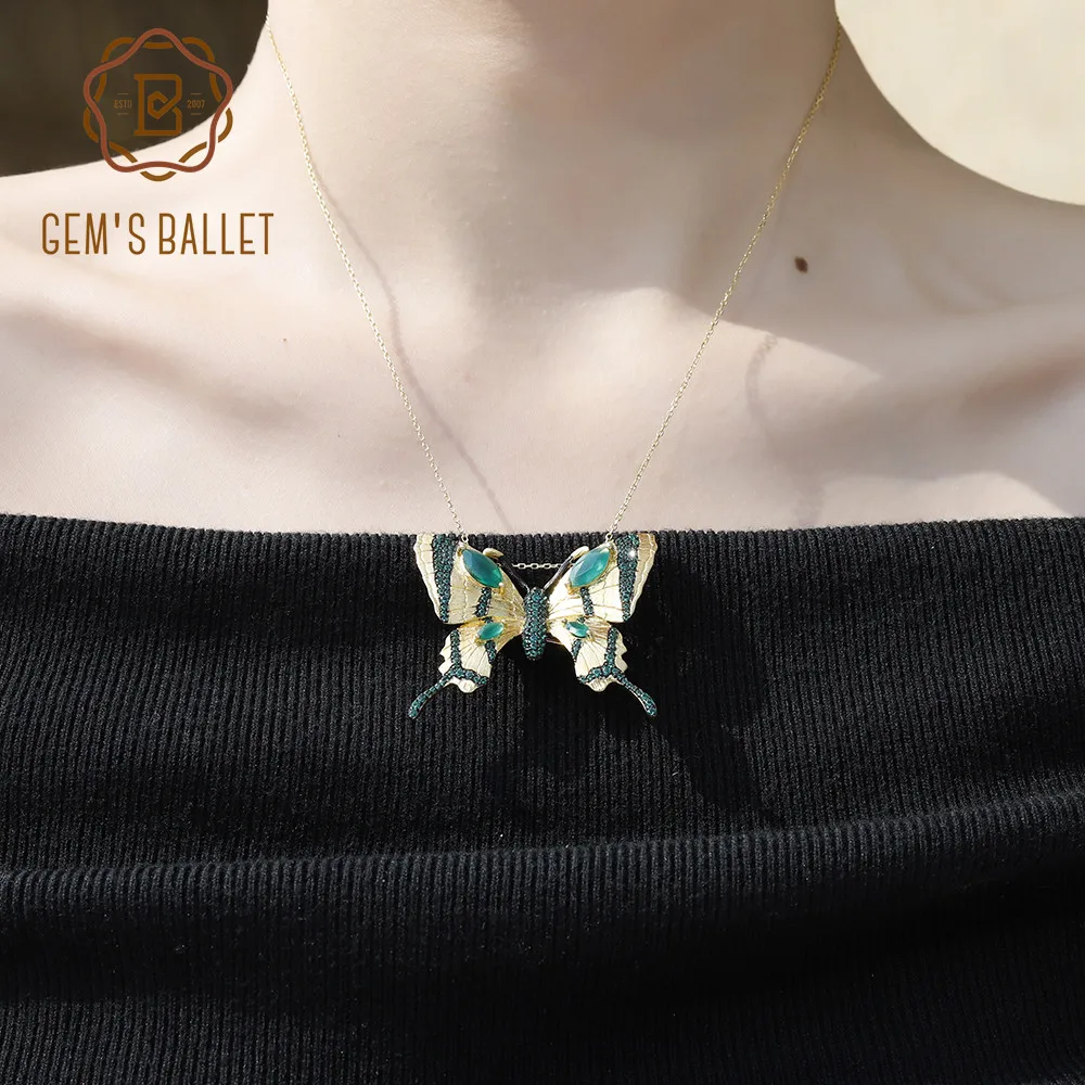 GEM'S балет натуральный зеленый агат, натуральный камень, брошь, 925 пробы, серебро, Золотая Бабочка, кулон для женщин, ювелирные украшения