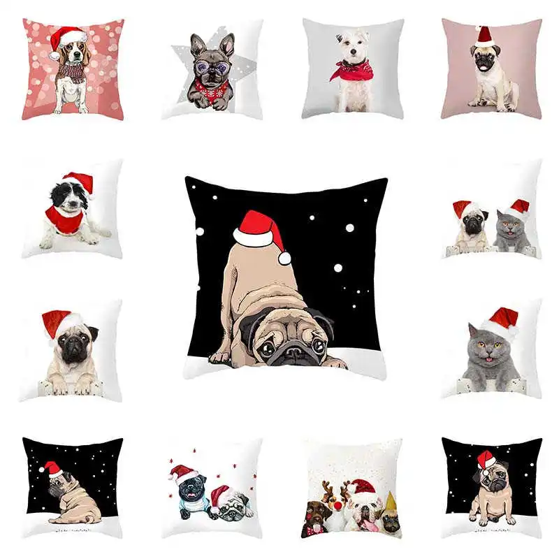 

The Cat and Dog Christmas Pillow Cushion Xmas Case Gift Throw Merry Cover Designed