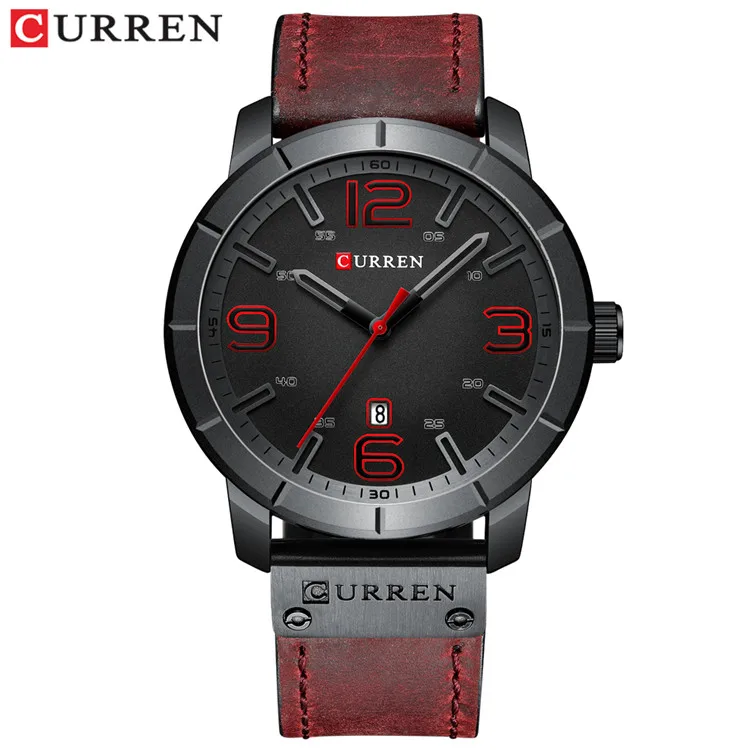

Mens Watches Fashion Simple Quartz Wrist Watch CURREN Top Brand Luxury Leather Display Date Red Wristwatch for Male Clock 8327