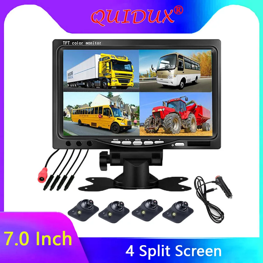 

QUIDUX 7 inch Car Monitor Headrest monitor 4 split screen 4 AV input Remote control,Front/Left/Right/Rearview camera optional