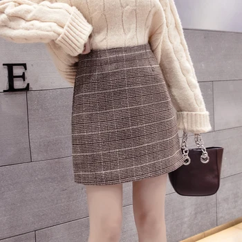 

Plaid Woolen Skirt Winter Female 2019 Korean Retro High Waist Thin Woolen Skirt Elegant Hip Skirt