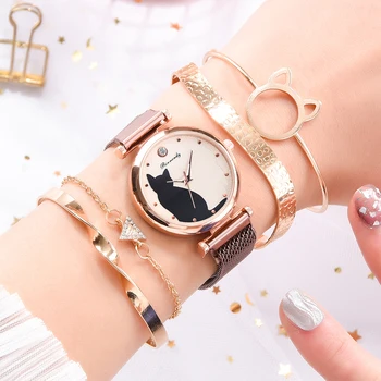 

5pcs/Set Fashion Women Mesh Strap Wristwatch Rhinestone Bracelet Cute Cat Dial Quartz Analog Watch for Girls Jewelry Gifts