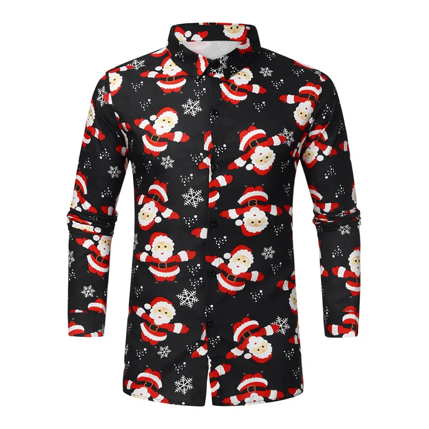 Camisa Masculina, мужская повседневная Рождественская рубашка с принтом снежинок Санты, конфет, топ, блузка, Chemise Homme Noel, мужская рубашка с длинным рукавом - Цвет: Black