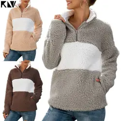 Женская зимняя утепленная теплая толстовка с длинными рукавами с воротником-стойкой и высоким воротником, пуловер на молнии, топы, Цветные