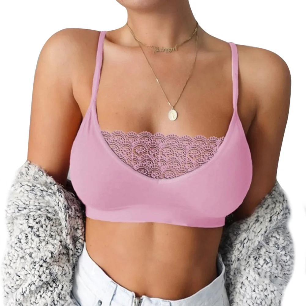 Женщины Кружева Bralette эластичный камзол Обрезанные безрукавки жилет сплошной цвет нижнее белье-MX8 - Цвет: Розовый