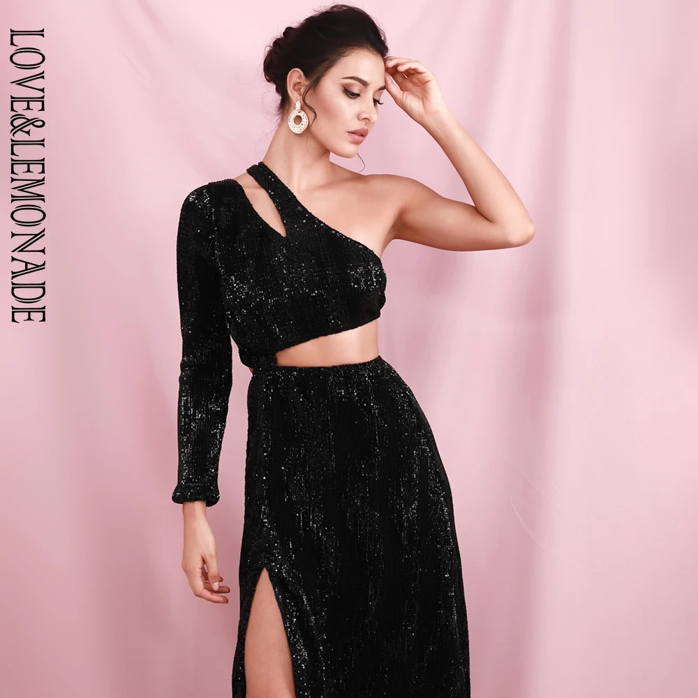 LOVE& LEMONADE сексуальные черные с вырезами, с одним рукавом, с Боковым Разрезом, эластичные, с блестками, вечерние платья макси LM82225