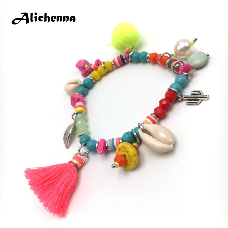 Богемный Бохо цветной браслет со стразами Горячий Женский PompomTassel Hangmade Boho винтажный очаровательный изысканный модный браслет - Окраска металла: Многоцветный