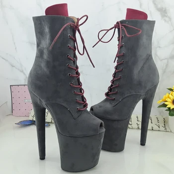 

Leecabe Grey suede with RED touge 20CM/8inches High Heel platform open toe Pole Dance boots