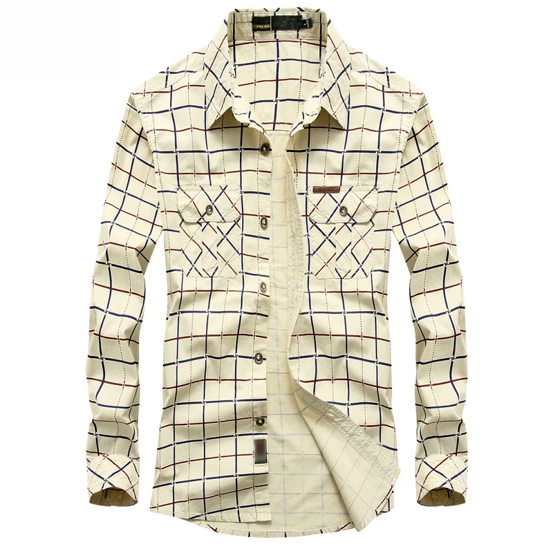 

New 100% Cotton Army Shirt Men Fashion Military Long-sleeve Tops Casual Top Male Lapel Plaid Work Shirts Summer Army Green 5XL