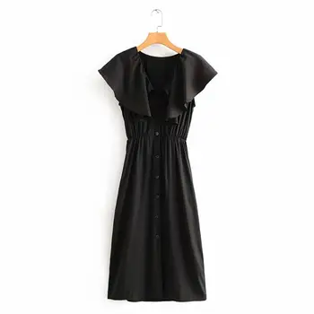 

2020 women fashion v neck ruffles breasted buttons black midi dress chic sleeveless elastic waist vestidos female dresses DS3597