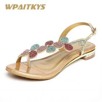 

Exquisite Crystal Ladies Sandals 2 CM Low-heeled Fashion Purple Golden Rhinestone Wedding Women Shoes Christmas Gift