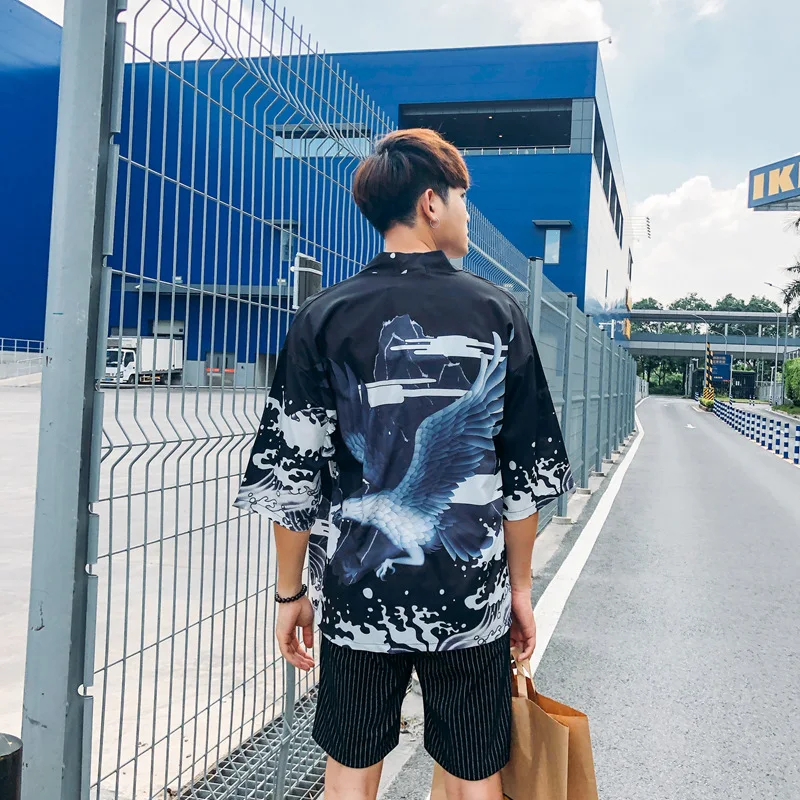 Yukata, мужская одежда хаори самурая Харадзюку, мужской принт, кимоно в японском стиле, летний Повседневный Кардиган, рубашка, повседневный Свободный Топ, блузка