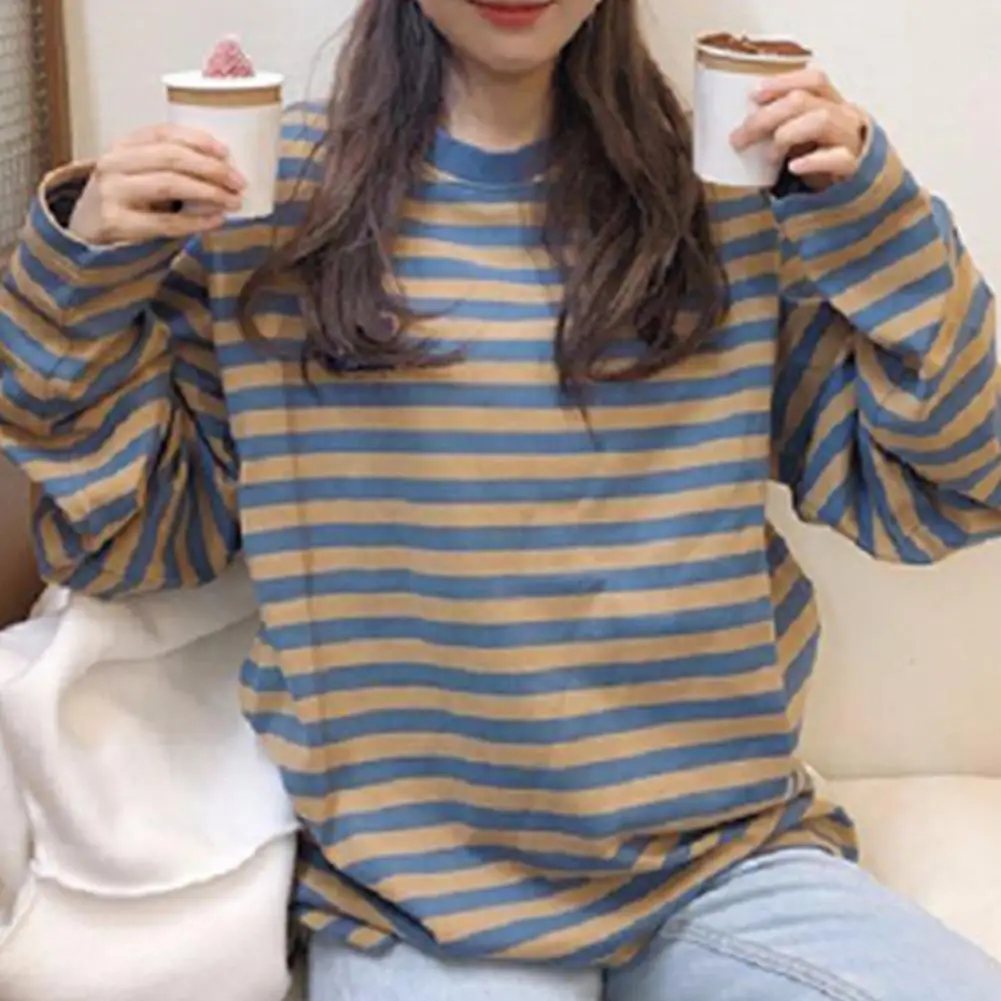 

New Women Fashion Striped Long Sleeve Round Neck T-Shirt Loose Pullover Tee Top