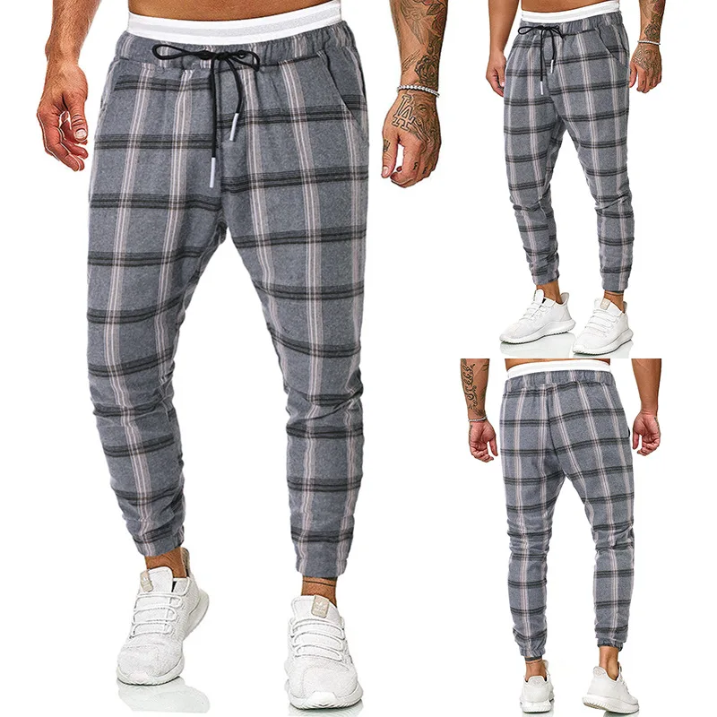 

2019 Ouma Autumn And Winter New Style Men Fashion Plaid with Drawstring Belt Trousers Casual Pants 7128